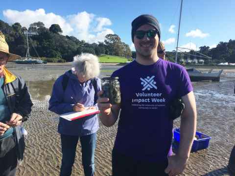 Collecting microplastic samples at Little Shoal Bay, Northcote