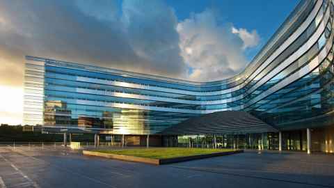 The modern exterior of the Owen G. Glenn Building, home of the Auckland Business School, is pictured.