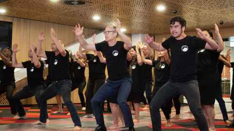 Dean of Engineering Nic Smith performs the new haka with students and staff.