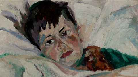 The photo shows a painting of a boy lying in bed: Anne Hamblett, Portrait of Matthew Hamblett, c. 1934, oil on canvas, private collection. Photo: Supplied and cropped