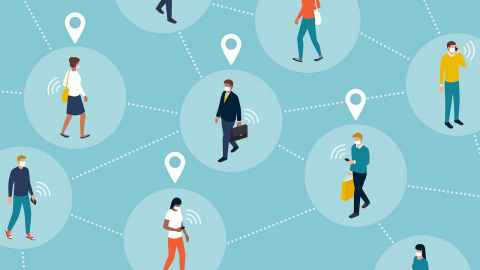 The image is a graphic of people wearing face masks, carrying mobile phones and connected through dotted lines. Google and Apple have announced the development of a platform for the purposes of contact tracing Covid-19. Image: iStock