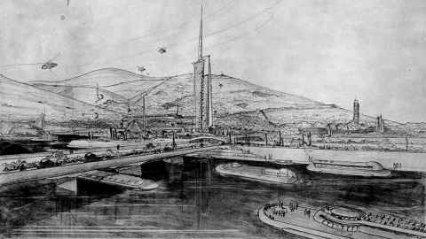 The images shows a detail from a sketch by Frank Lloyd Wright for his Broadacre City housing project. Photo: Wikicommons/Kjell Olsen CC BY-SA