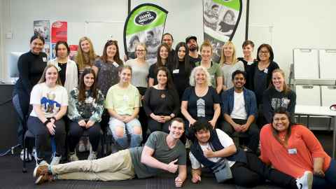 The 2020 cohort of Campus Connections mentors with co-directors Dr Kelsey Deane and Dr Pat Bullen.