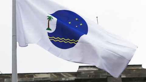 The image shows a flag with the Pacific Island Forum logo fluttering in a breeze. The logo features a deep blue circle with two yellow wavy lines at the bottom and fours yellow stars at the top. There is a cut out of the circle on the left with a palm tree inside. The logo is on a white background.