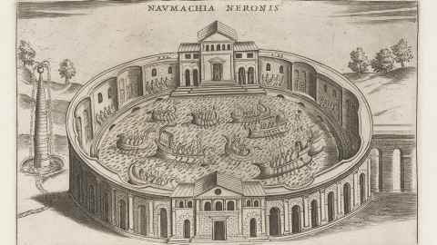 The image shows a print of The Numachia of Emperor Nero, by Giacomo Lauro, 1612 - 1628, held in the Rijksmuseum, Amsterdam. Photo: Wikicommon