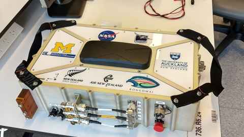 The Rongowai payload freshly arrived in Aotearoa, about to undergo bench testing at the University of Auckland.