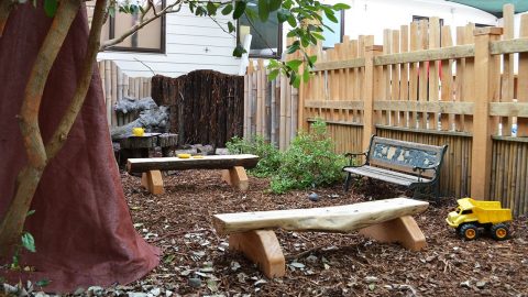 A small yard with outside benches, a tree and a toy truck laying around