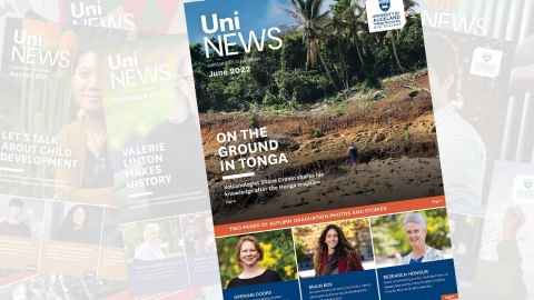 June 2022 UniNews cover showing Tonga tsunami impact and Shane Cronin