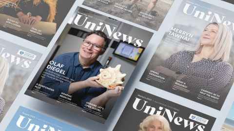 November 2023 UniNews cover showing Professor Olaf Diegel and a compilation of past covers