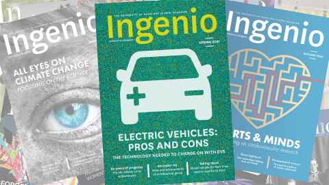 Cover of Spring 2021 Ingenio, with a grassy background and the outline of a car with a plus and minus in place of the headlights: Lead article, Electric Vehicles: Pros and cons