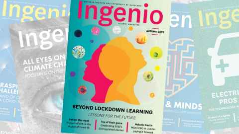 Cover of Ingenio Autumn 2022 about education post covid showing two overlapping heads in profile, looking away from each other out to circular photos floating around them (little subject-based worlds)