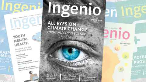 Ingenio Spring 2020 cover: Black and white close-up photo of a sand speckled (gritty) face, from above eyebrow to just below the eye, with their eye in colour, iris blue: All eyes on climate change, focusing on the science