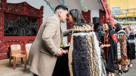 The hongi is part of life at the University. This is Raniera Harrison, lecturer in  Māori studies, with Tui Makoare-Iefata from the Business School. 