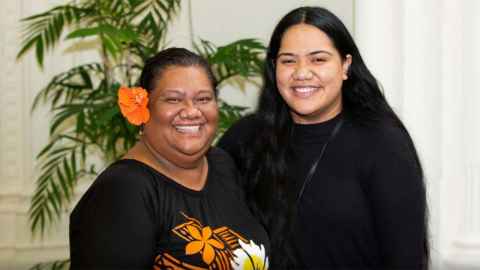 Law and Arts student Malia Fuamatu with her mother, Anne-Marie Tauiliili Lia, at a reception for Seelye Scholars.