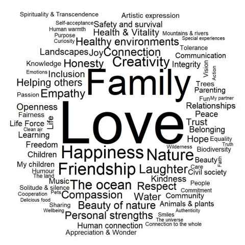 Infinite values offered by 1,080 people in Aotearoa. Note the word cloud was produced from coded data, a related research article can be found here: https://doi.org/10.5964/jspp.v5i2.742.