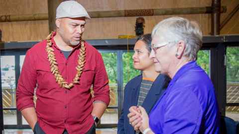2020 final-year presentations with Dean of CAI, Professor Diane Brand and colleague Dr Karamia Müller at the Fale Pasefika.