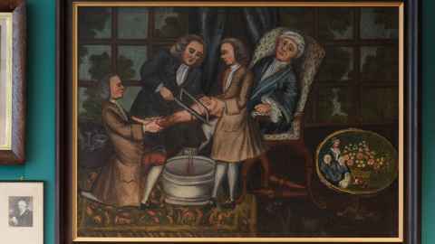 Oil painting of an amputation – Colonial era c.1700s. This painting was restored by Sarah Hillary, principal conservator at the Auckland Art Gallery.  