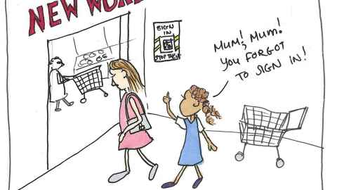 Comic showing child reminding mother to scan in at the supermarket.