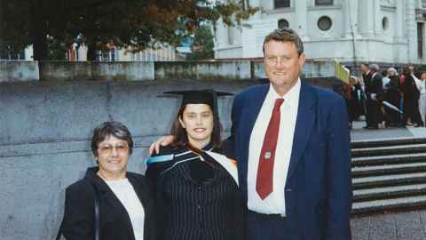 Mel Smith with her mum Francie and dad Dennis at graduation in Auckland. 