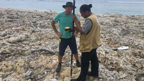 Professor Shane Cronin overseeing surveying by Folauhola Latuila from Tonga Geological Services. Photo: Ma’ake Kolo’ofai