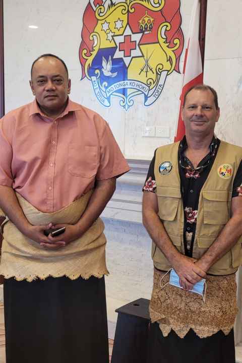 Tonga’s Prime Minister Siaosi Sovaleni with Shane Cronin on the last day of Shane’s two-and-a-half month scientific mission.