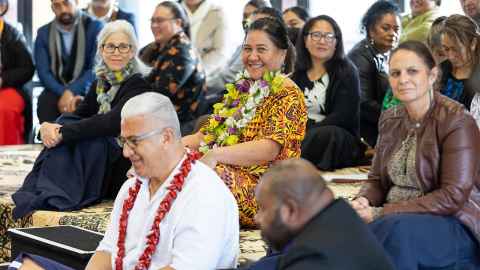 A formal welcome ceremony took place on 20 June 2022. From left, Vice-Chancellor Professor Dawn Freshwater, Pro Vice-Chancellor Pacific Jemaima Tiatia, Kaiārahi Cath Dunphy