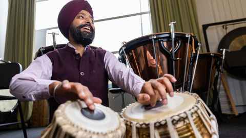 Manjit Singh with his tabla drums in the School of Music