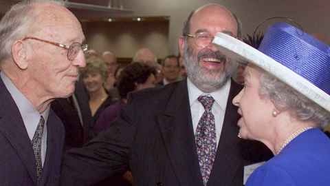 Professor Graham Mont Liggins, Peter Gluckman and Queen Elizabeth II at the official opening of the Liggins Institute in 2002.