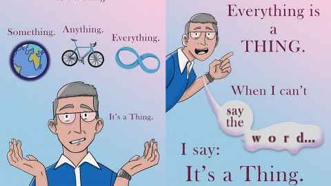 Illustration from "It's a Thing" showing a cartoon of author Ian Marshall unable to find the word to describe common objects.