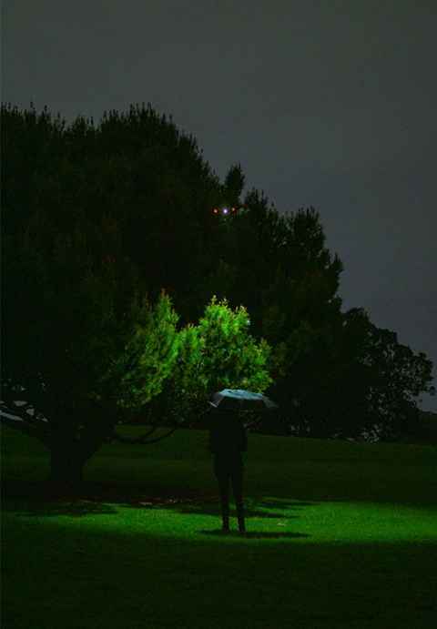 A lone finger stands in a park at night, with an object hovering in front of them, while red and pink lights glow in the distance above