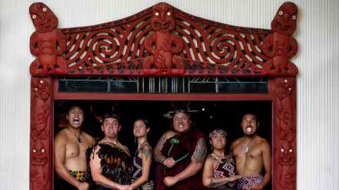 Members of Ngā Tauira Māori, all of whom made the finals. From left: Te Ruki Pierce-Dunn, Piripi Gordon, Anipātene Biddle, Hikawai Te Nahu, Atamira Walker, Nikora Wade