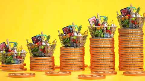 Growing stacks of coins with food baskets on top.