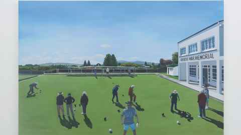 Hiria Anderson’s painting Whakakotahi (2022) shows people playing bowls at a bowling club. It's very lifelike.