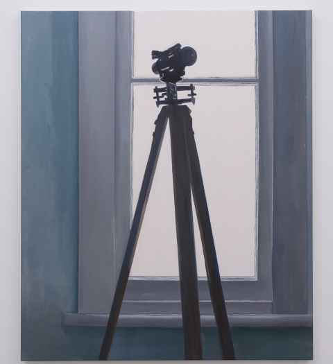 Land Survey (2021) captures a telescope in front of a window, seemingly poised for a viewer to peer through at the landscape beyond. 