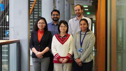. L-R: Tram Bui, Liggins doctoral student, Dr Atif Majid, honorary lecturer in paediatrics, Hui Hui Phua senior technologist, Dr Gergely Toldi, neonatologist and Liggins researcher, Ayamita Paul, Liggins doctoral student.