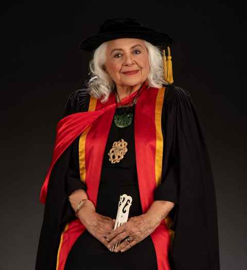 Dr Waiora Port’s portrait in her doctoral gown was taken to mark her 90 years, at the request of Dr Robert Pouwhare (James Henare Māori Research Centre). 