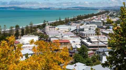 View over Napier, including foreshoe and Art Deco buildings in foreground. 