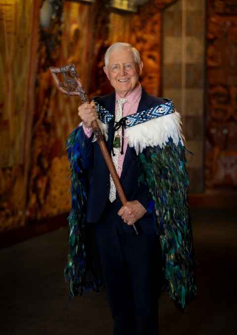 Sir Richard in his korowai, holding Aumangea (tokotoko). Photo / Sav Schulman