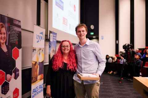 Dr Siouxsie Wiles with Sam Hitchman, Doctoral Runner-Up