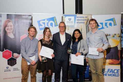 FLTR: Robert Vennell (Masters runner-up), Kate Riegle van West (Doctoral winner), Keith Sutherland (Citizen Watches (Sponsor)), Sobia Mughal (Masters winner) and Sam Hitchman (Doctoral runner-up)