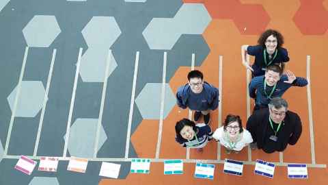 Liza (in her Statistical Bouquet t-shirt) and team shot from above, forming a human histogram.