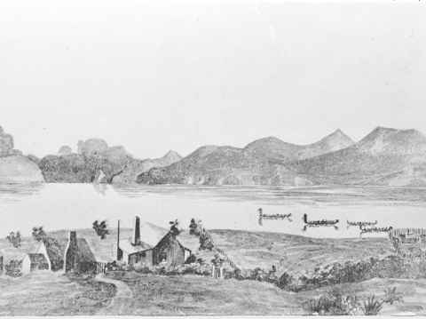 From Shifting Grounds: Painting of a mission station, thought to be at Ihumātao, by Elizabeth Forsaith, 1855 (Sketch by Elizabeth Forsaith, 1855, Auckland Libraries Heritage Collections)