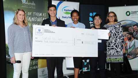 Shandong and winning team holding giant cheque for $5000.